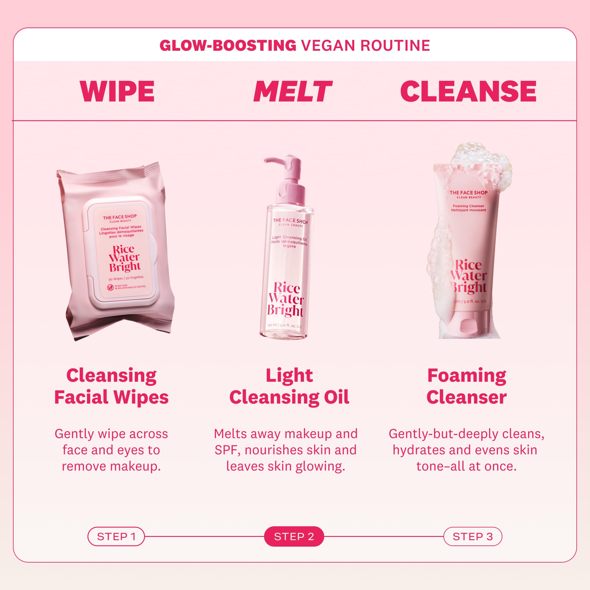 The Face Shop Rice Water Bright Light Cleansing Oil includes rice water extract for radiance.