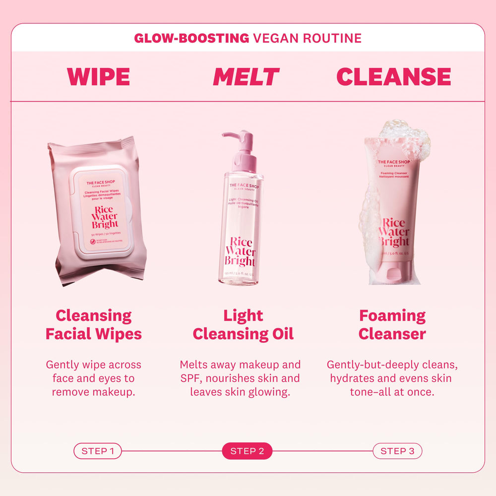 The Face Shop Rice Water Bright Light Cleansing Oil includes rice water extract for radiance.
