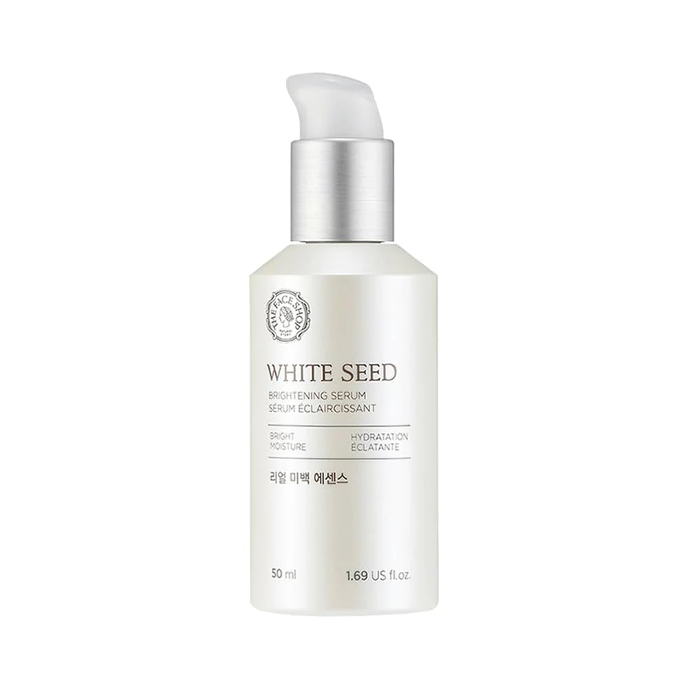 Whiteseed The Face Shop, bouteille avec pompe, éclat et hydratation améliorés.
