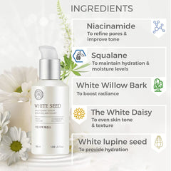Extrait de marguerite blanche dans Whiteseed Serum réduisant le manque de luminosité.