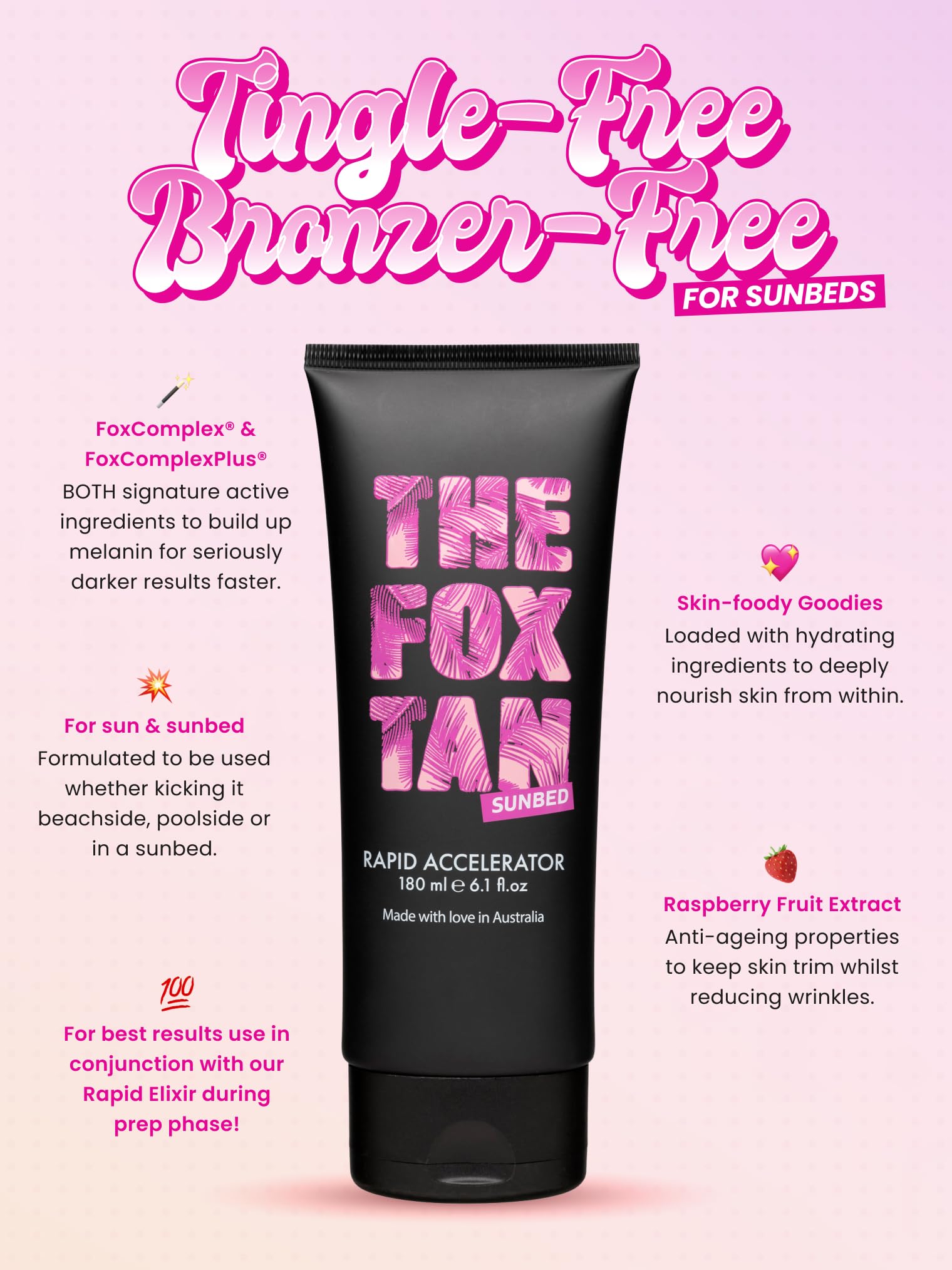 THE FOX TAN accélérateur rapide – Texture crème hydratante pendant le bronzage.