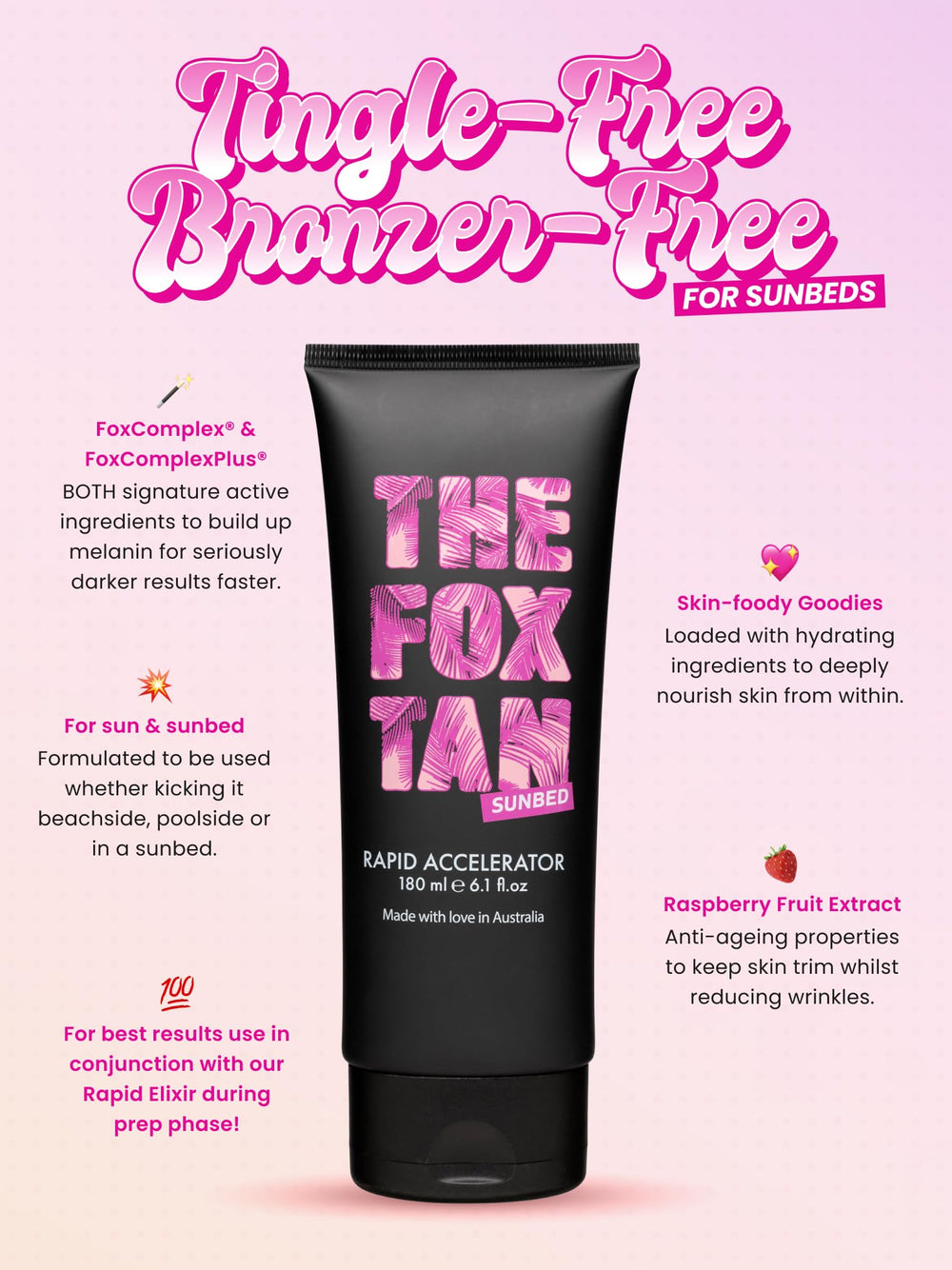THE FOX TAN accélérateur rapide – Texture crème hydratante pendant le bronzage.