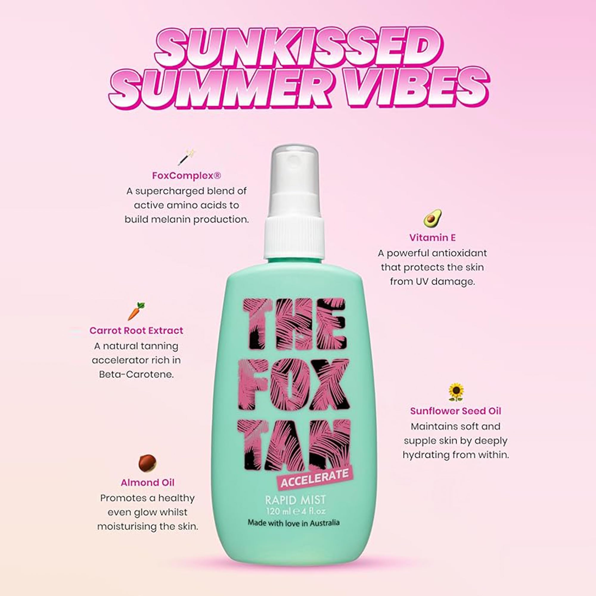 THE FOX TAN Brume dorée appliquée sur peau pour bronzage uniforme.