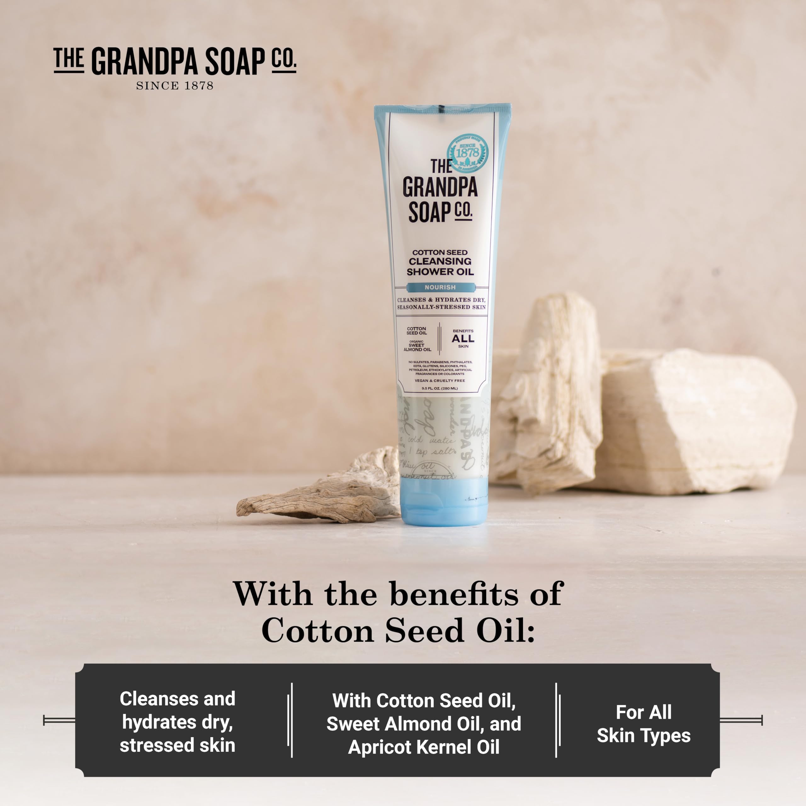Application sur peau humide avec le gel douche The Grandpa Soap Company pour une sensation douce.