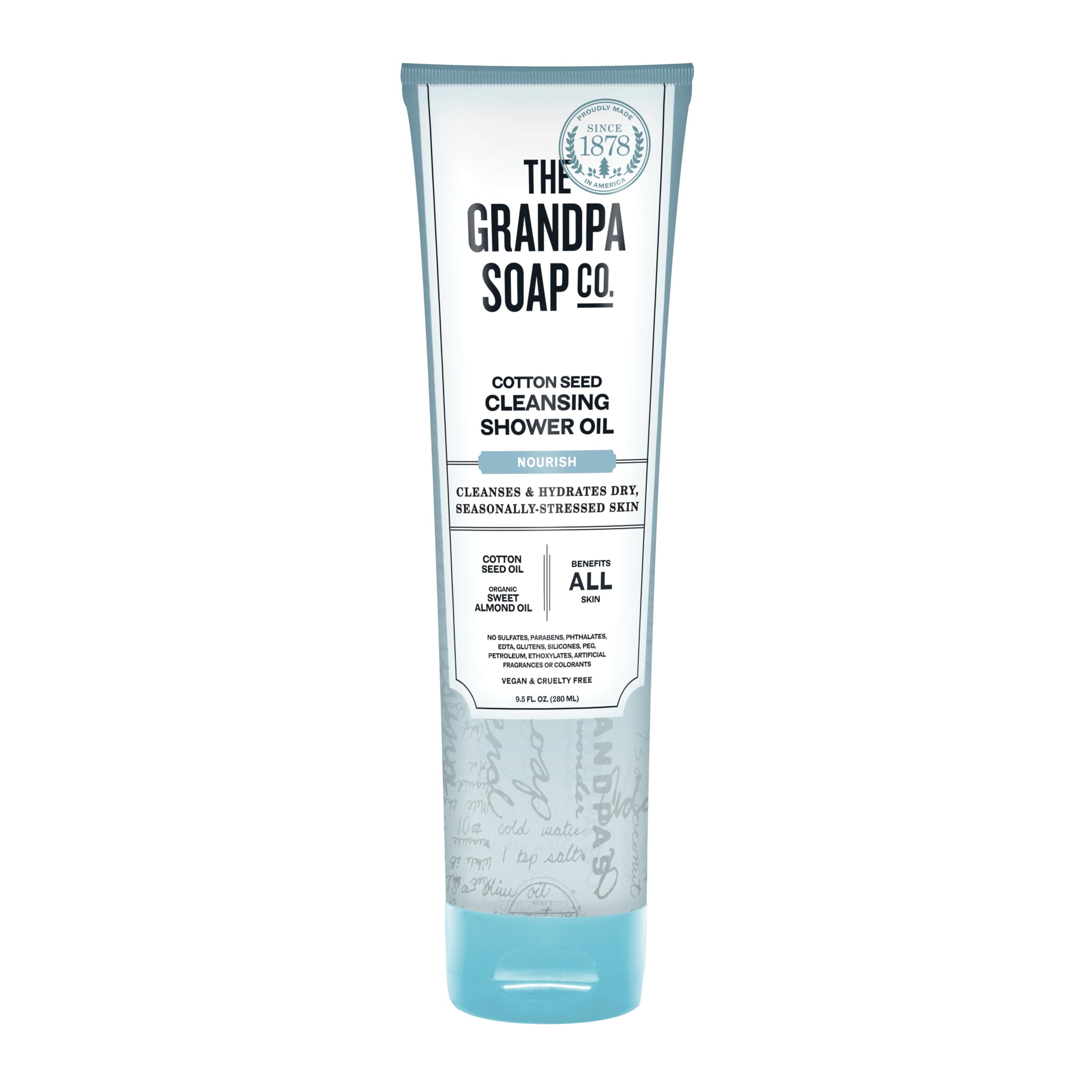 The Grandpa Soap Company gel douche huile de coton dans une bouteille claire, hydratante.