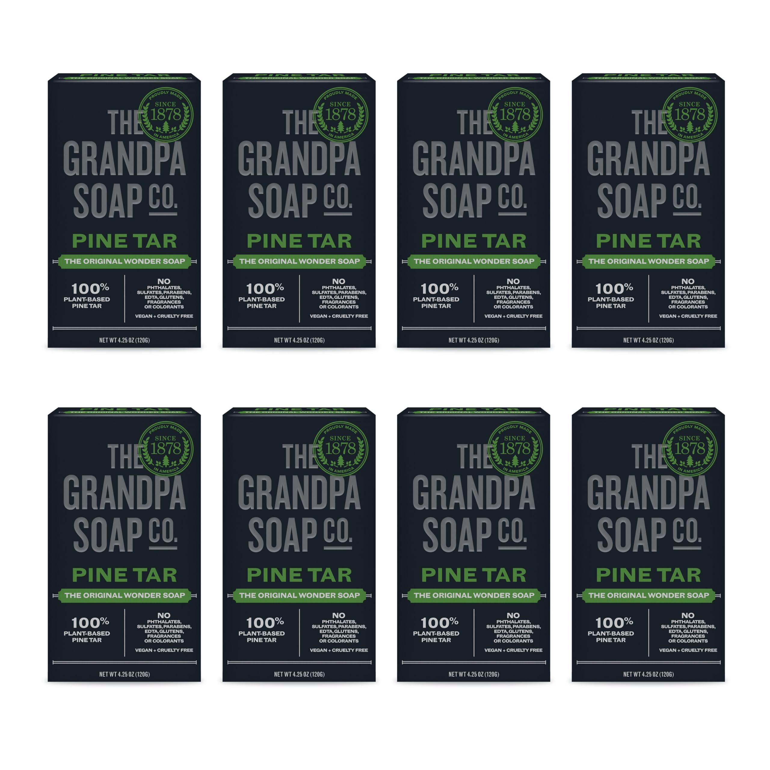The Grandpa Soap Company – savon goudron-pin emballage en vedette, soin polyvalent.