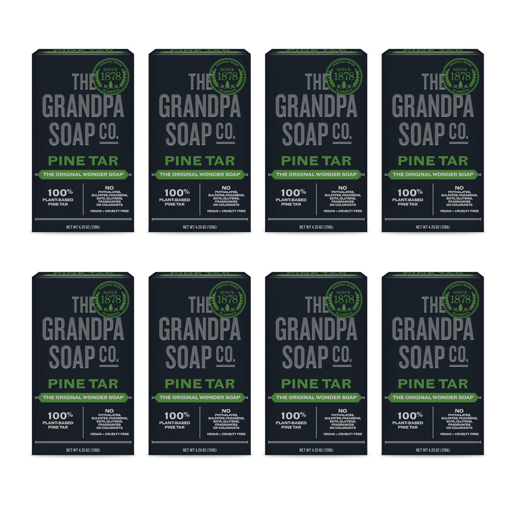 The Grandpa Soap Company – savon goudron-pin emballage en vedette, soin polyvalent.