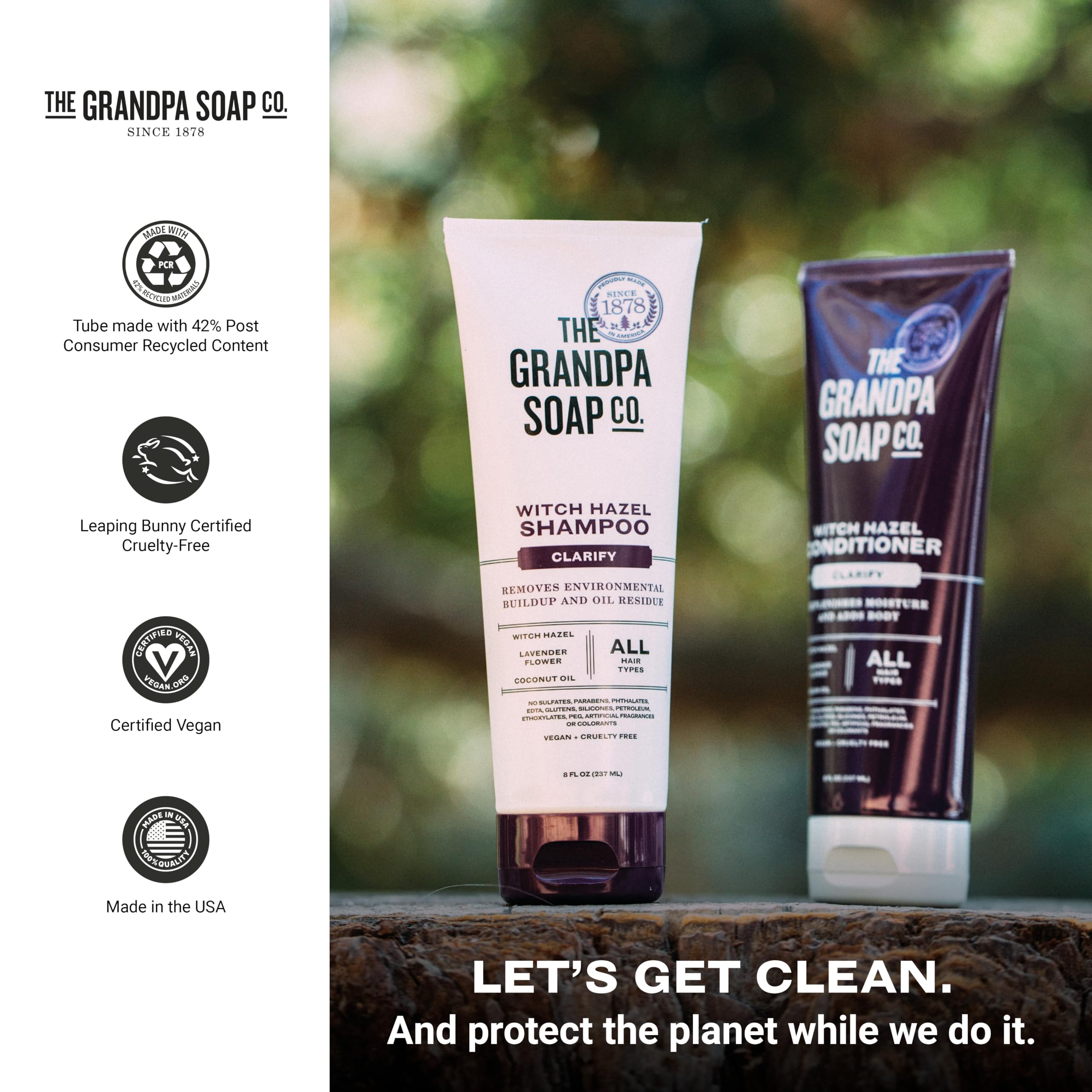 Tube contenant 42% de matière recyclée post-consommation par The Grandpa Soap Company.