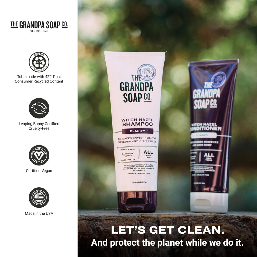 Tube contenant 42% de matière recyclée post-consommation par The Grandpa Soap Company.