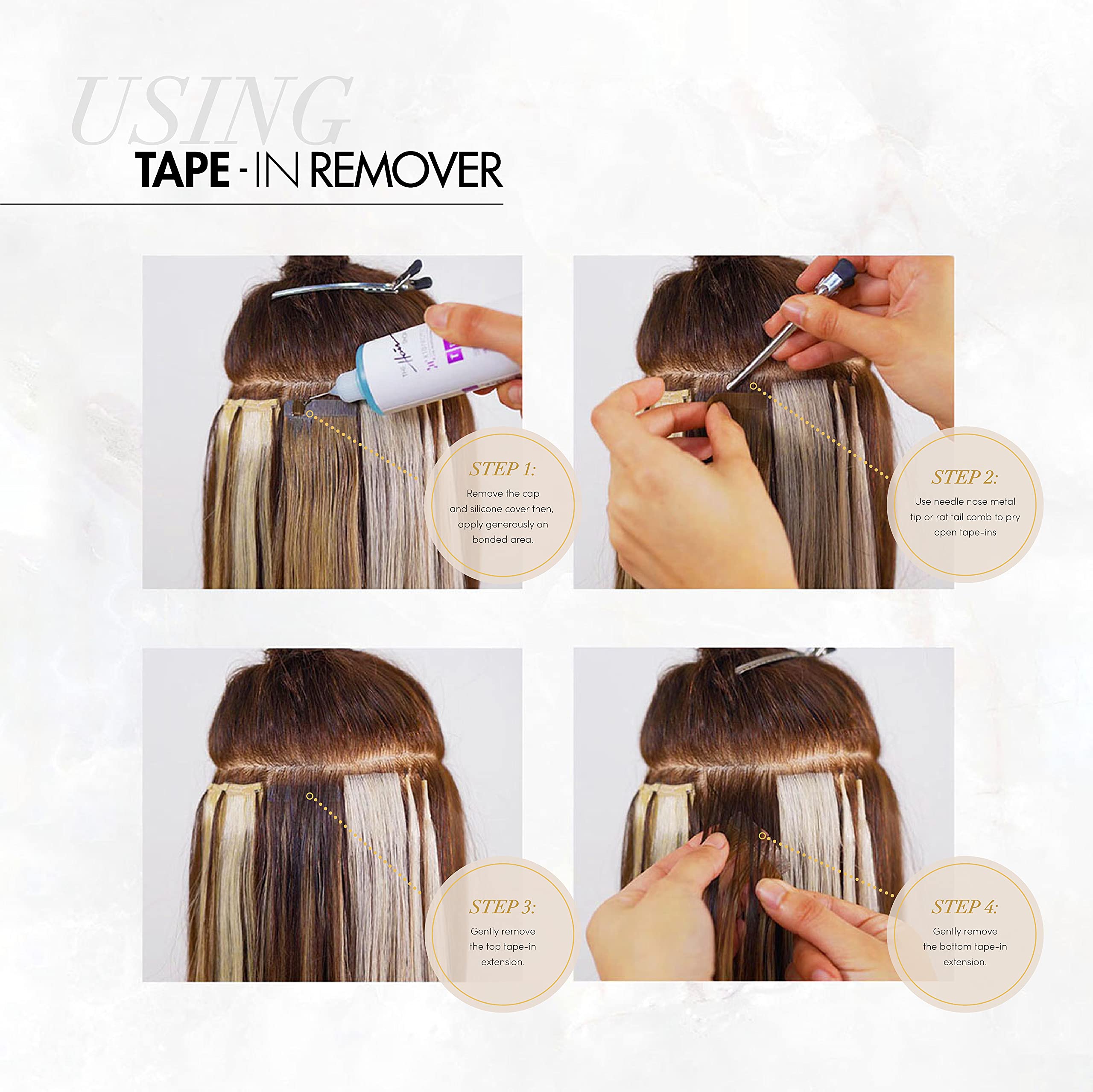 The Hair Shop X10 Pro-Tools Dissolvant Tape-in: application simple et sans résidu sur bandes.