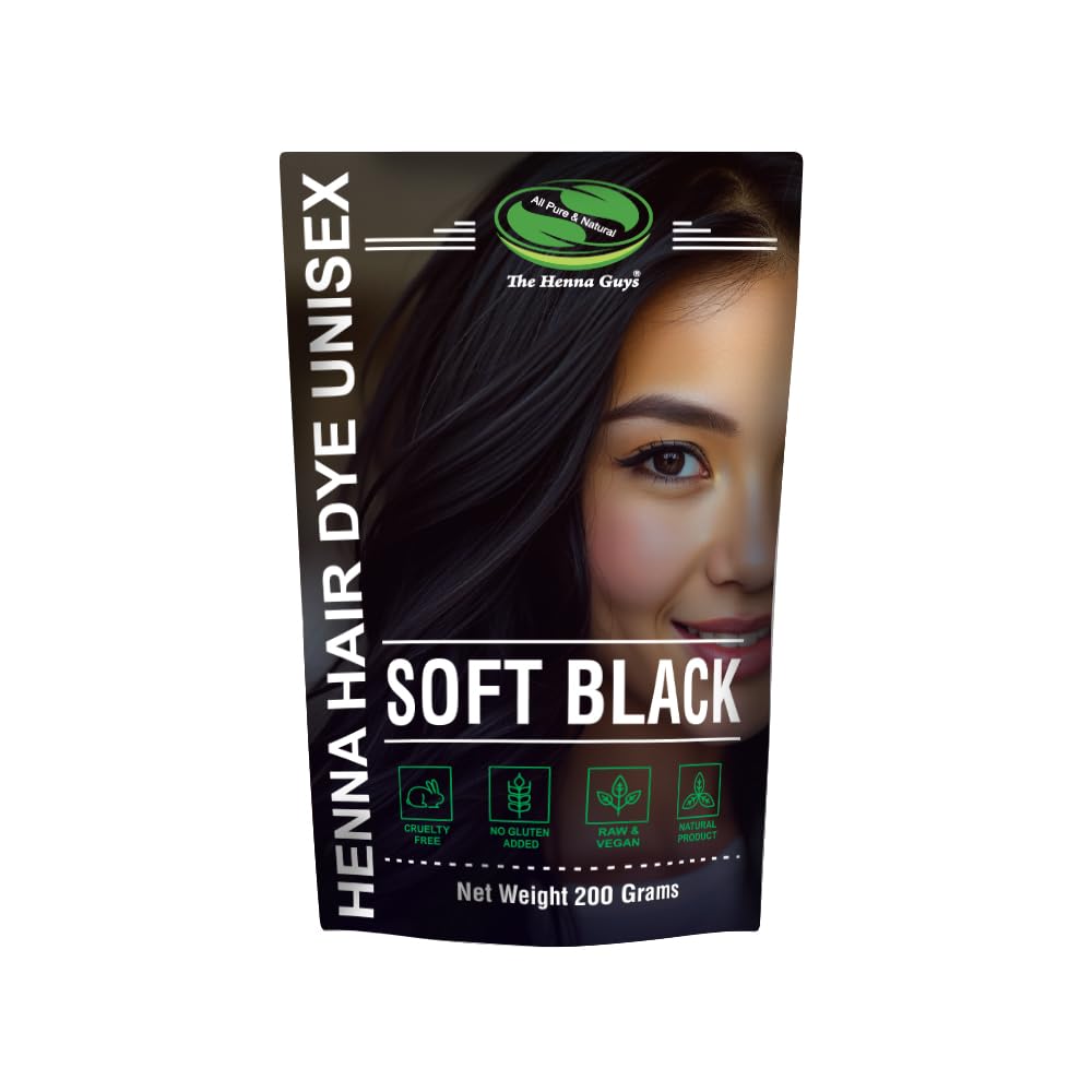 The Henna Guys - teinture cheveux Noir Doux en flacon, couleur naturelle et durable.