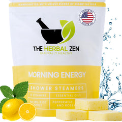 Le pack The Herbal Zen Morning Energy Shower Steamer menthe-poivrée et citron offre une énergie matinale naturelle.