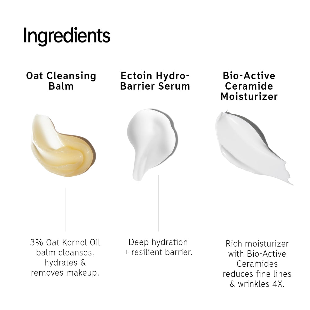 Product trio display demonstrating a layered barrier skincare routine.