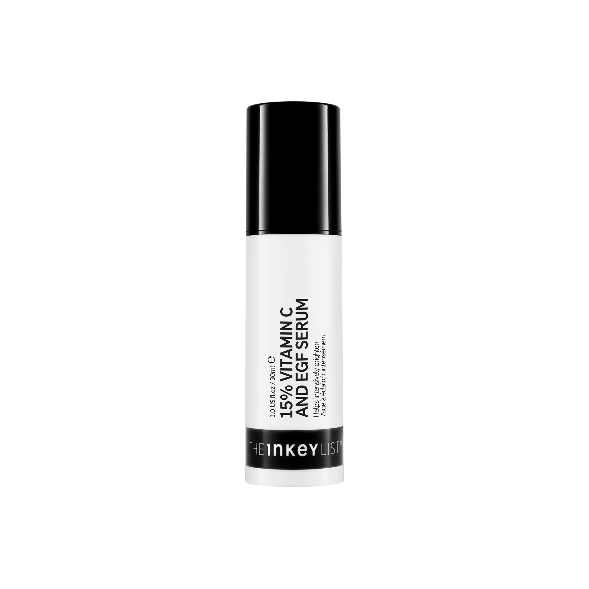 Le sérum The INKEY List 15% Vitamine C et EGF en flacon pour éclaircir le teint.