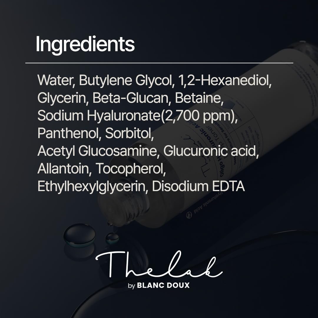 The Lab by Blanc Doux Oligo Hyaluronic Toner on bathroom shelf.