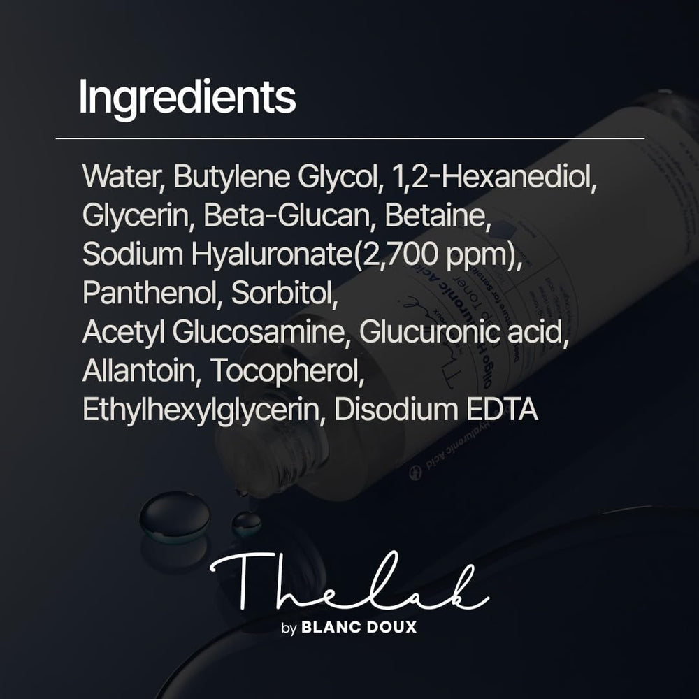 The Lab by Blanc Doux Oligo Hyaluronic Toner on bathroom shelf.