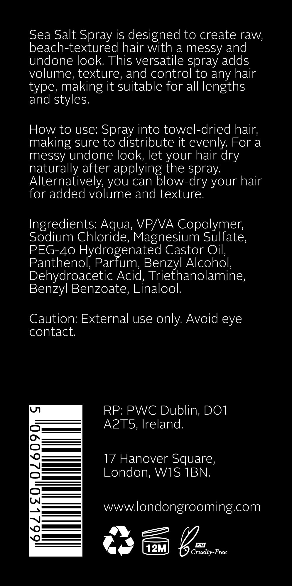 Spray Sel de Mer The London Grooming Company – convient à tous types de cheveux et longueurs.