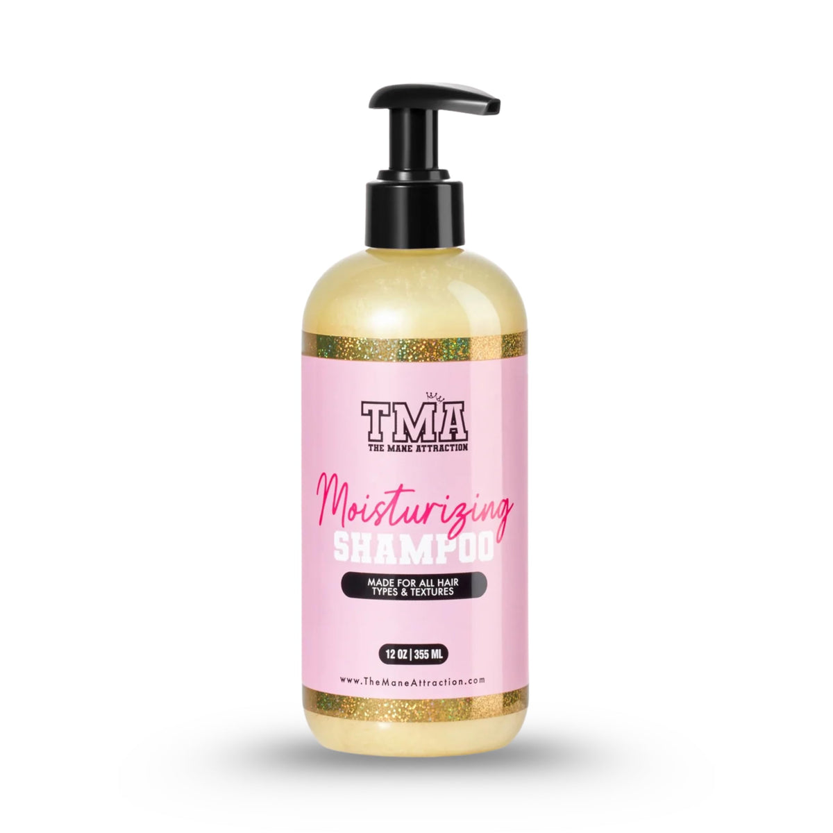 Shampoing hydratant The Mane Attraction en bouteille-pompe pour hydratation douce.
