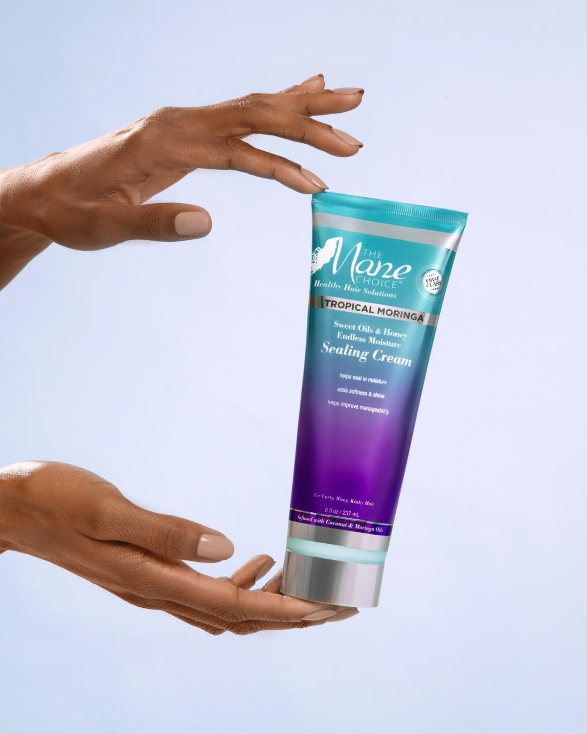 The Mane Choice – étiquette indiquant sans sulfates et sans parabènes pour le soin.