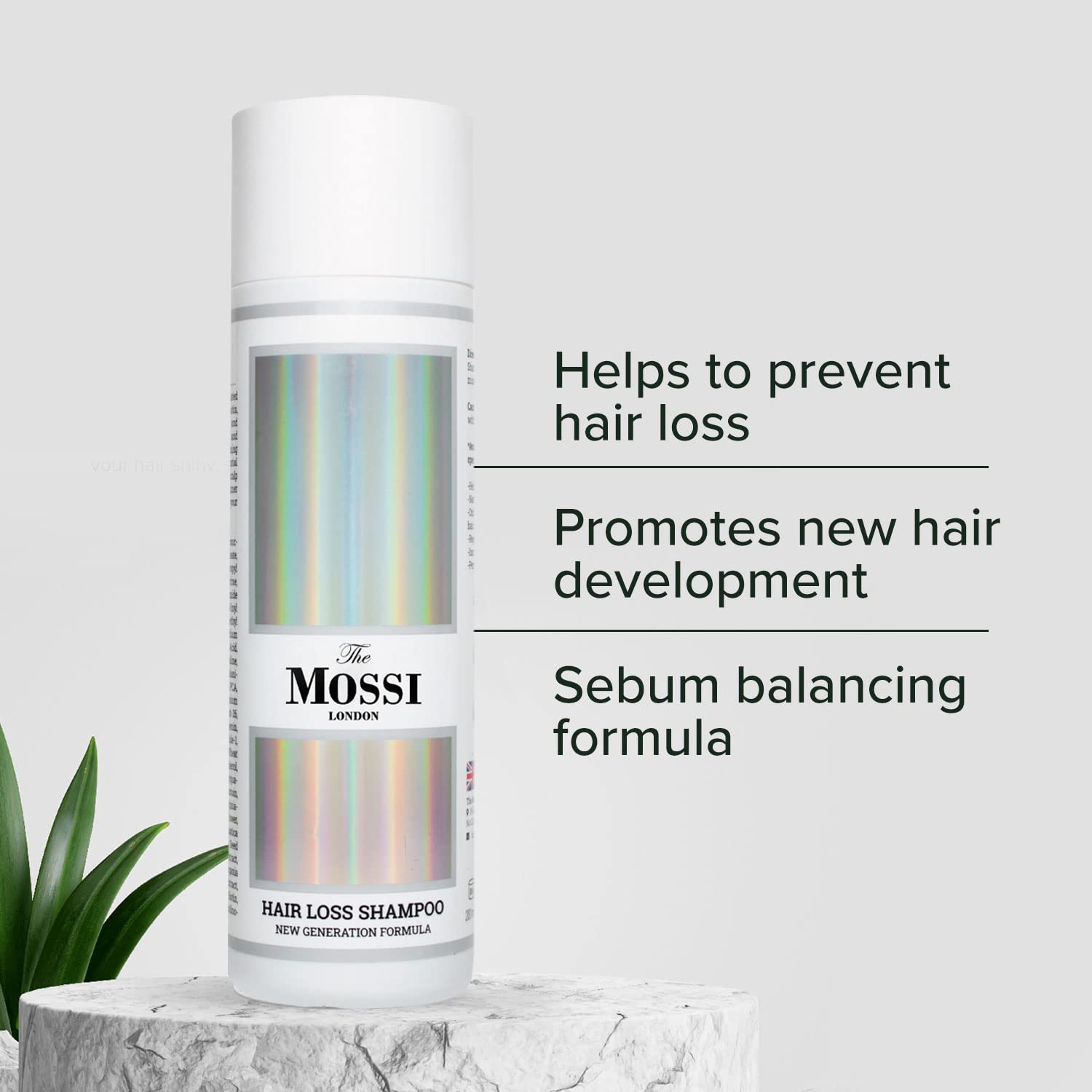 The Mossi London Shampoing – formule ciblant le DHT, soutien possible à la densité