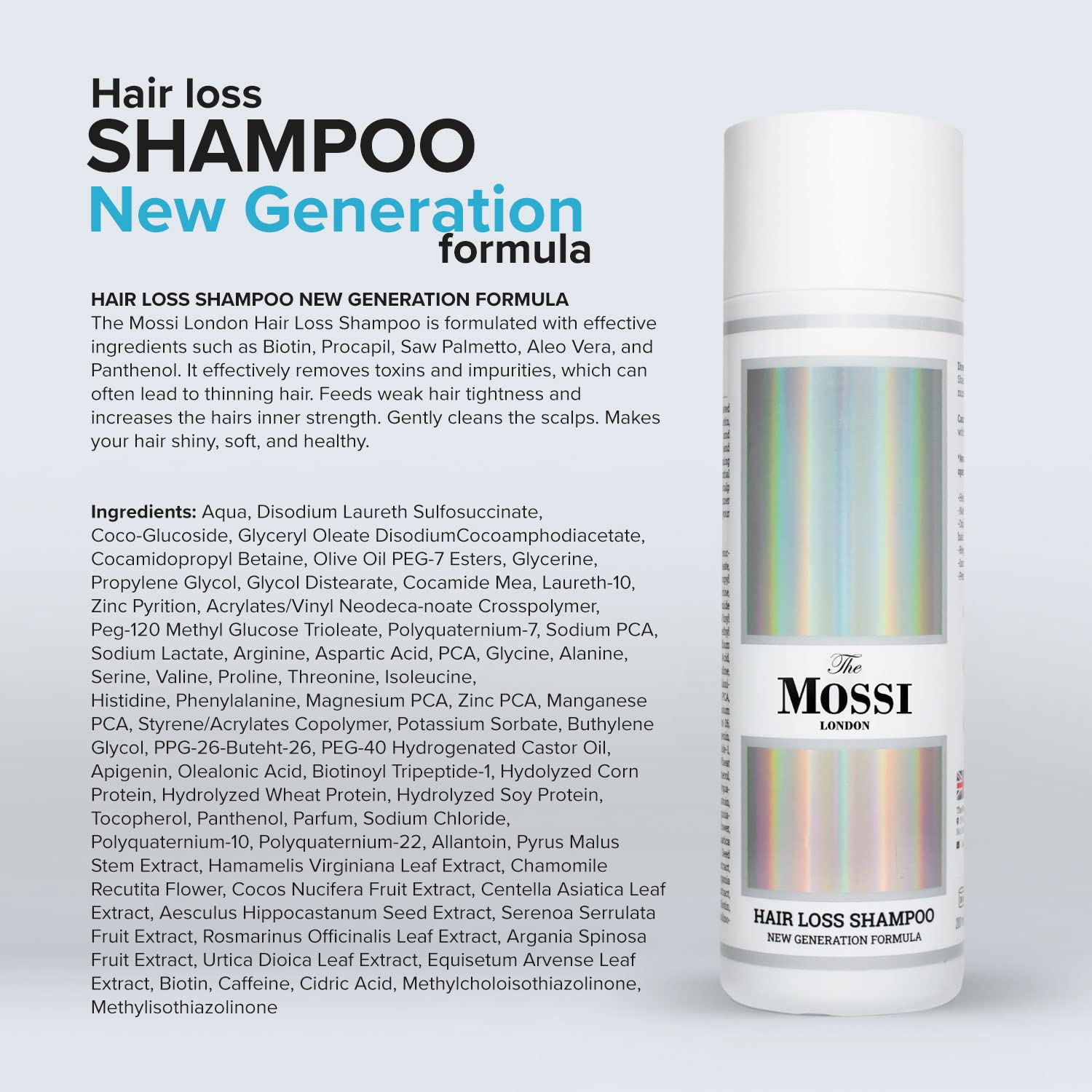 The Mossi London Shampoing – étiquette révèle Biotine et Procapil, soin ciblé