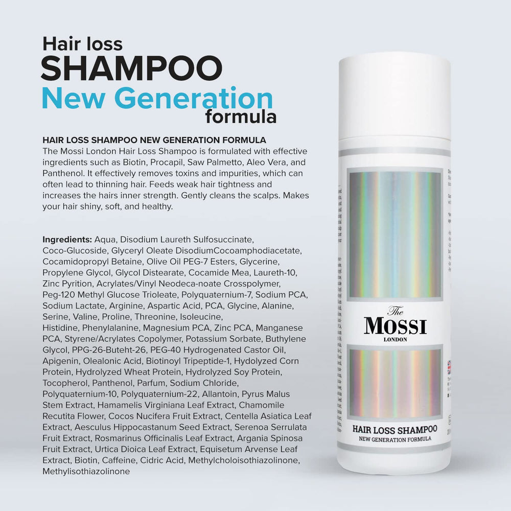 The Mossi London Shampoing – étiquette révèle Biotine et Procapil, soin ciblé