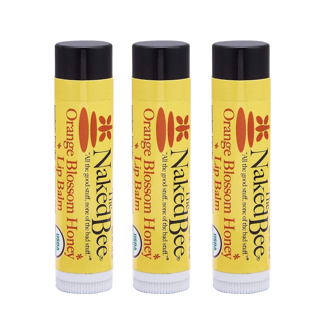 The Naked Bee Organic Orange Blossom Honey Lip Balm 3-Pack nourishes lips with natural oils.
