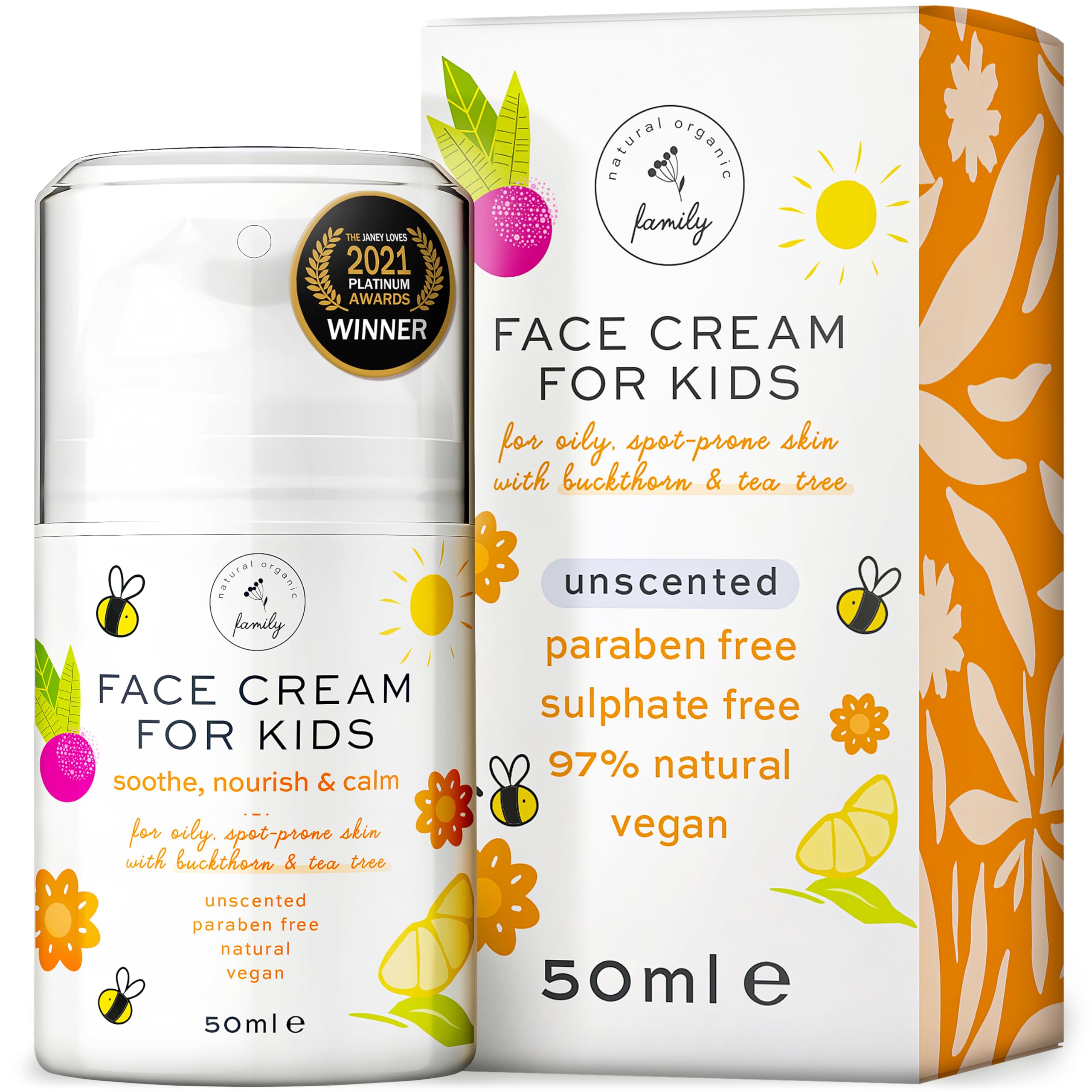 The Natural and Organic Family Crème-visage enfants apaisante pour peau sensible et hydratante.
