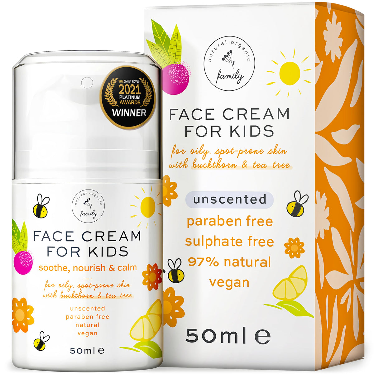 The Natural and Organic Family Crème-visage enfants apaisante pour peau sensible et hydratante.