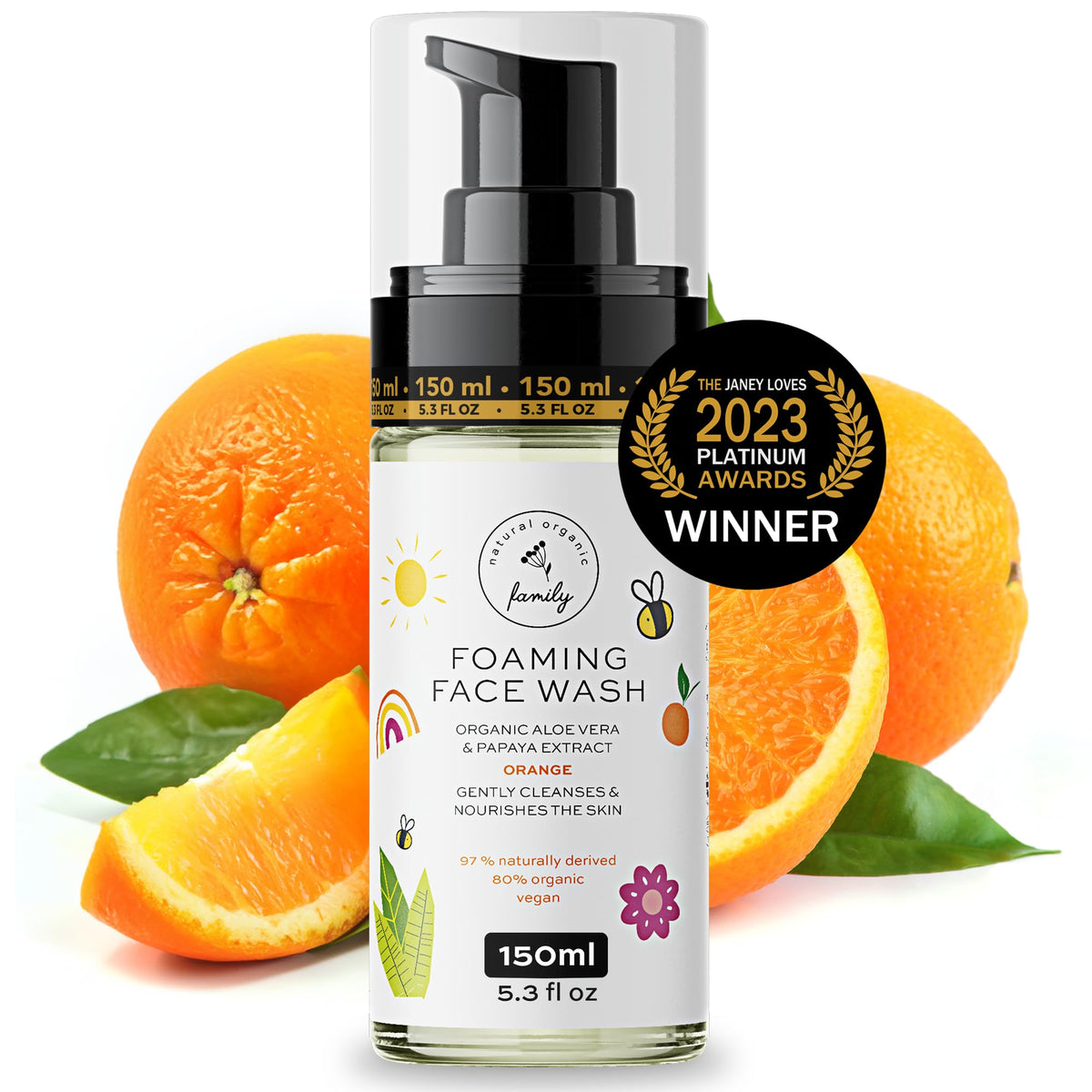 The Natural and Organic Family: flacon pompe du nettoyant visage mousseux pour enfants, pratique.