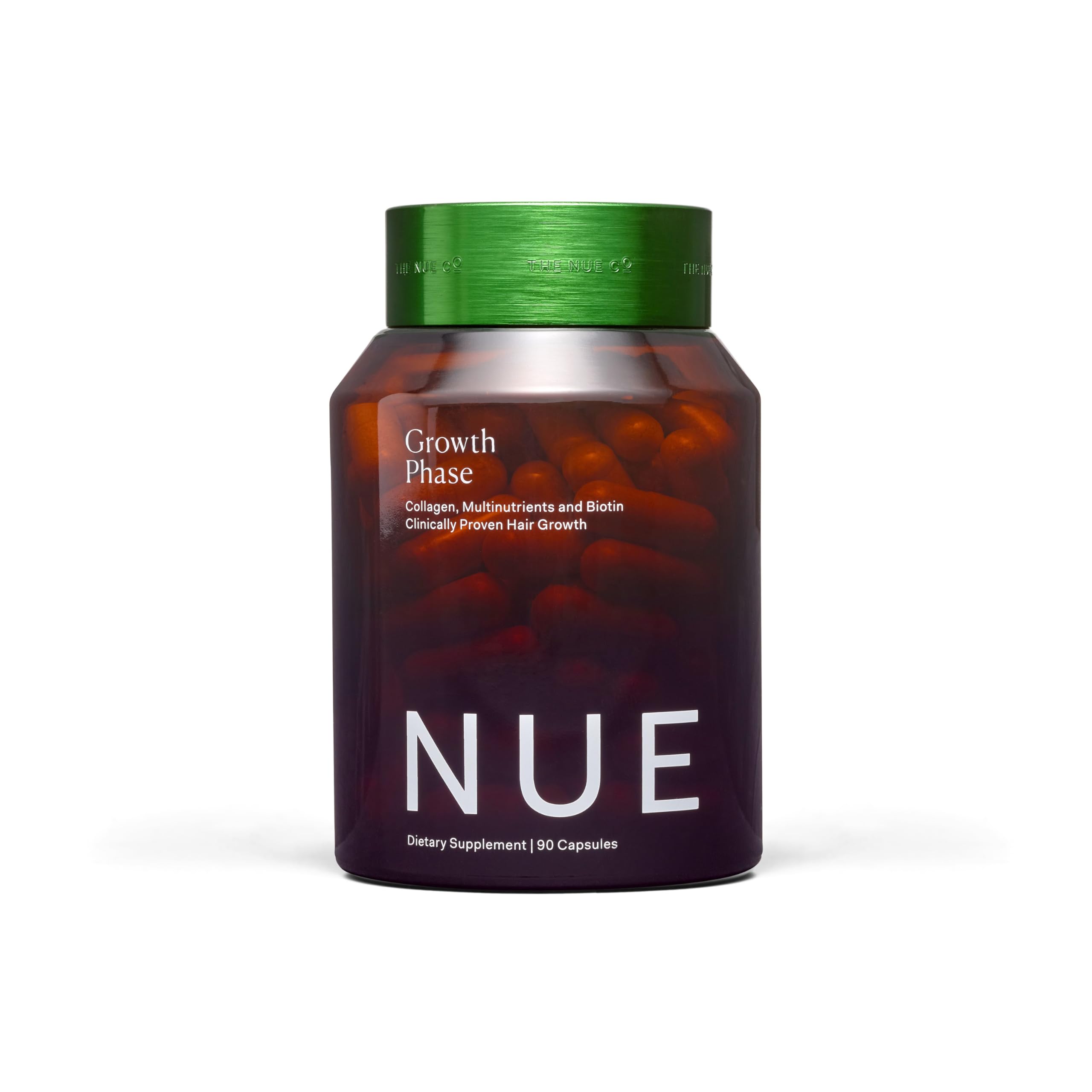 The Nue Co Phase de Croissance : bouteille de capsules prête pour une routine capillaire nourrissante.