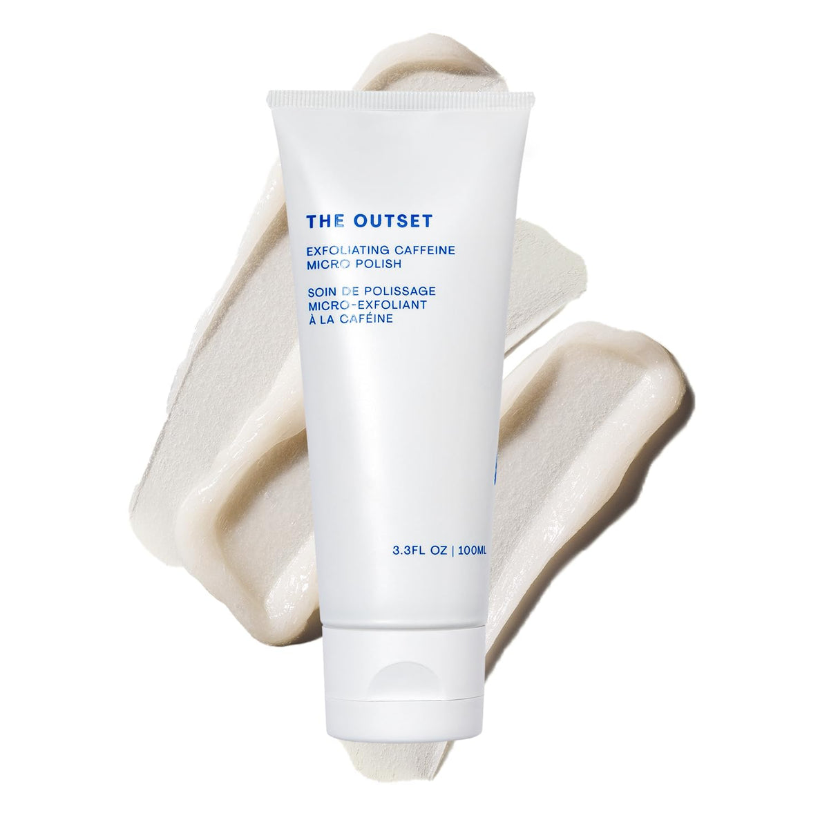 The Outset gommage caféine micro-polissage visage, texture douce préparant la peau.