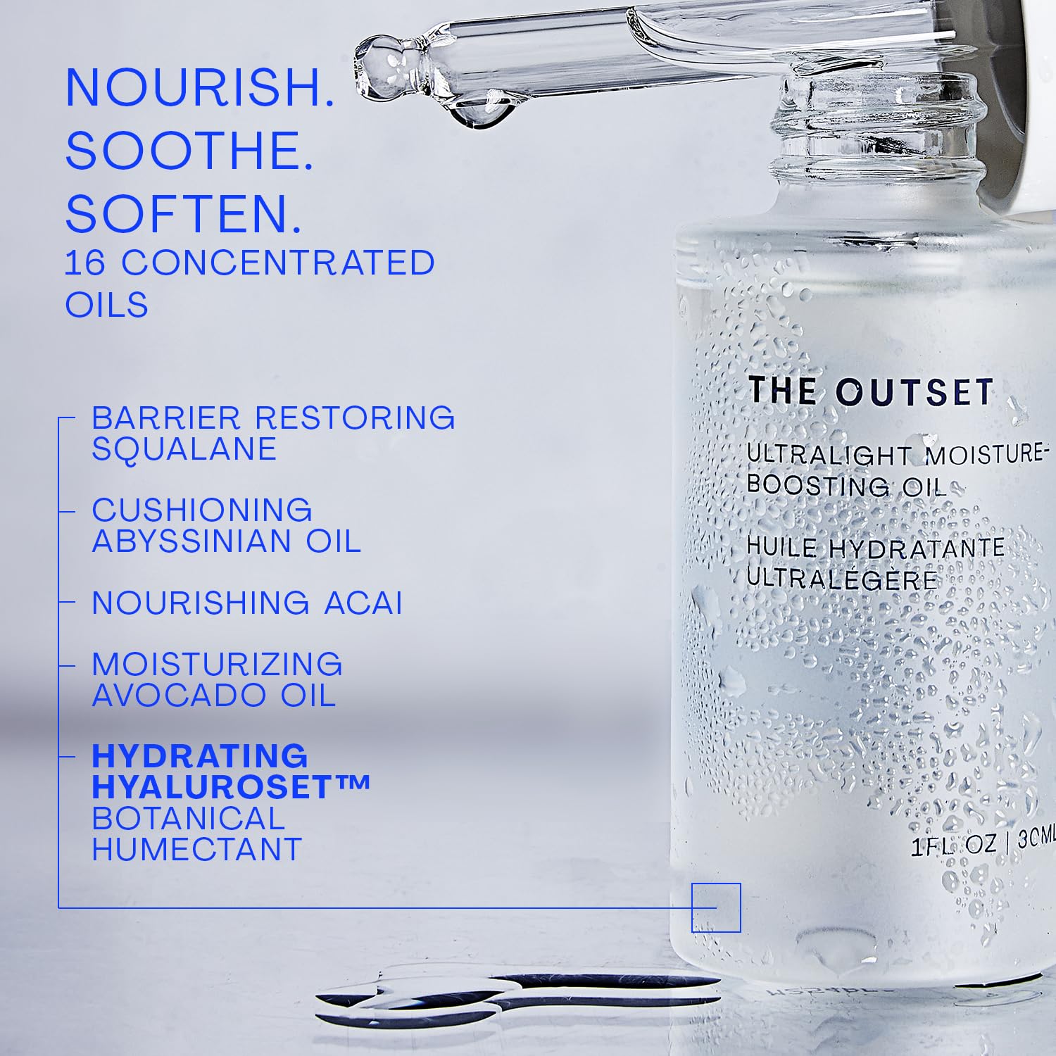 The Outset Huile Visage Ultra-Legère : finition lumineuse et naturelle sans huile.