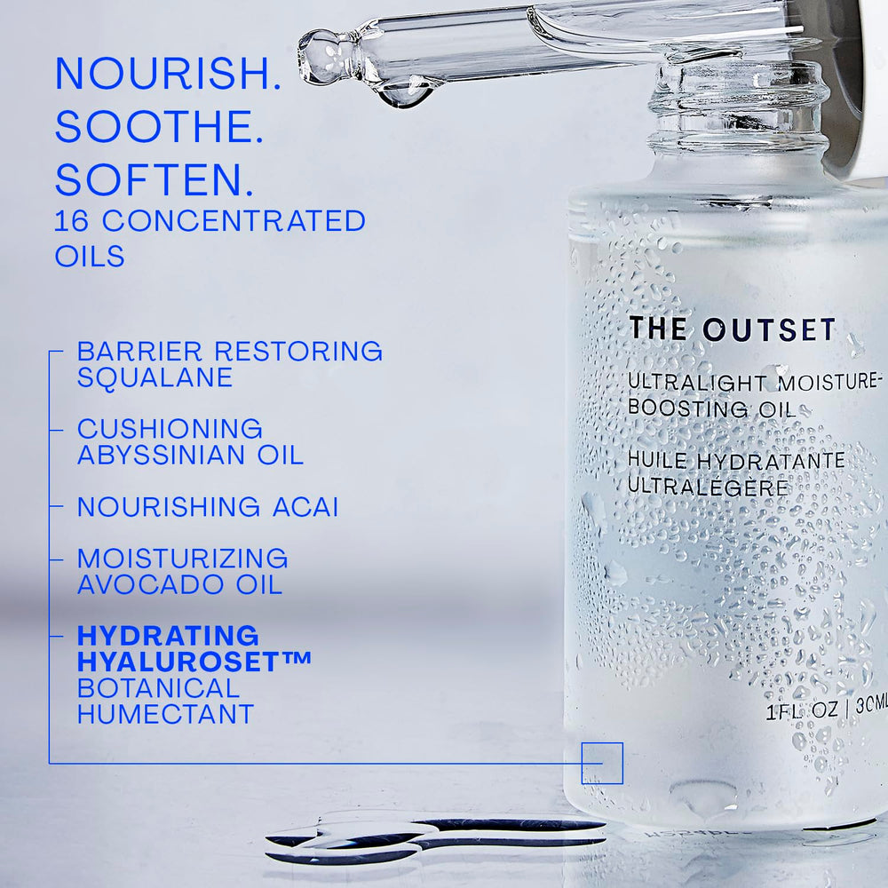 The Outset Huile Visage Ultra-Legère : finition lumineuse et naturelle sans huile.