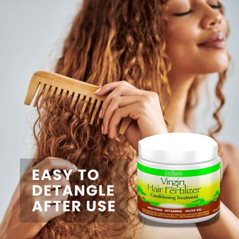 The Roots Naturelle Virgin Hair Fertilizer – application facile pour cheveux bouclés et tissages.