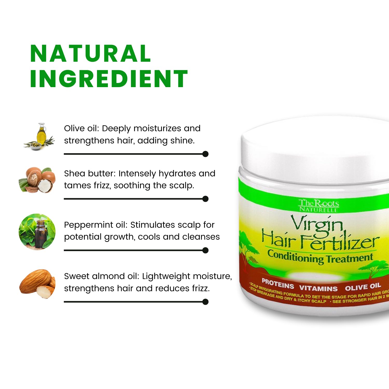 The Roots Naturelle Virgin Hair Fertilizer – soin profond pour cheveux abîmés et sensibles.