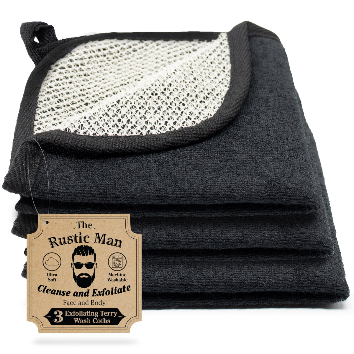 The Rustic Man gants-de-toilette pour visage et corps, double-face, exfoliation en douceur.