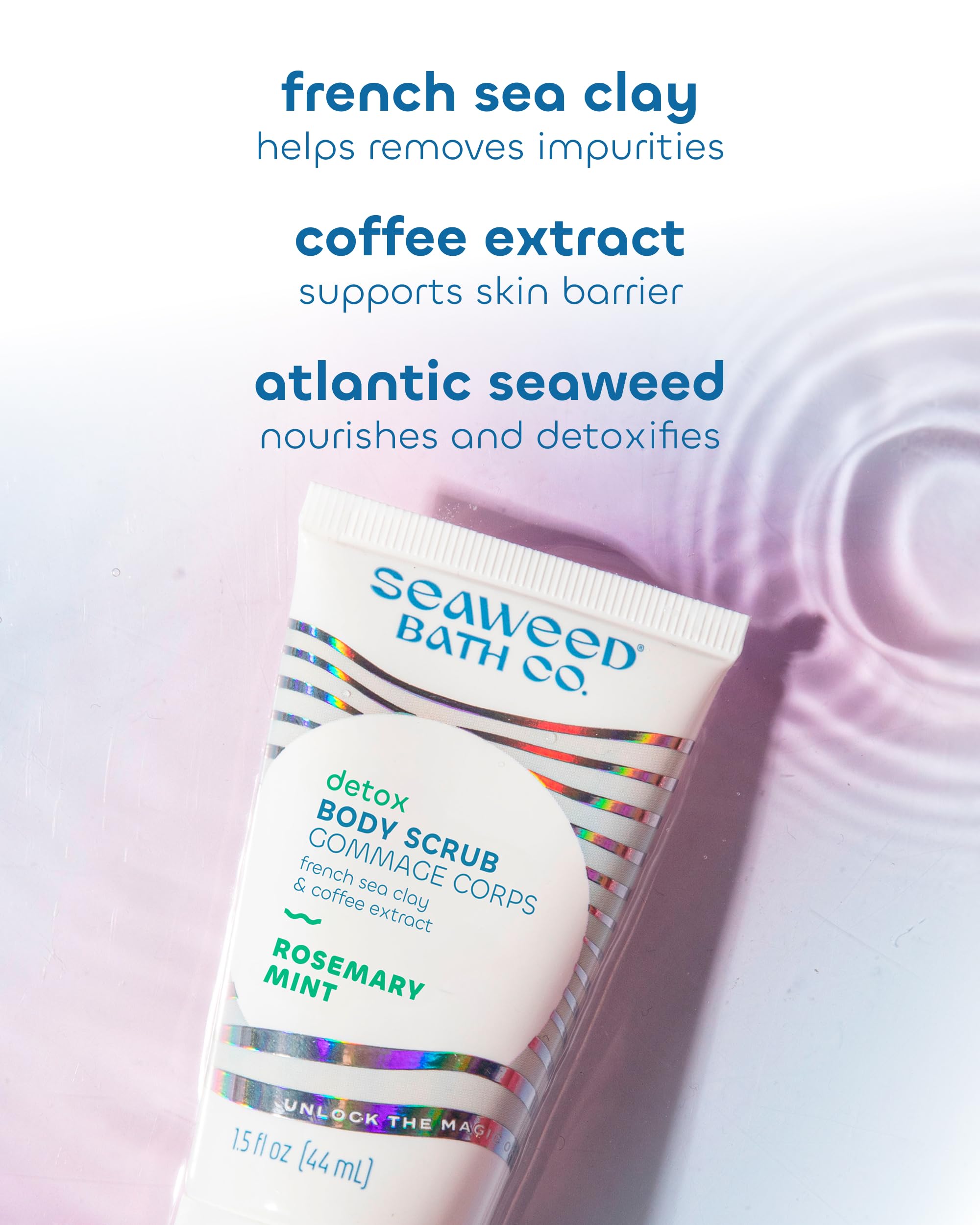 Seaweed Bath Co. application du gommage, parfum romarin-menthe rafraîchissant.