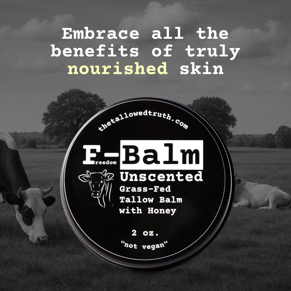 The Tallowed Truth F-Balm Tallow: utilisé quotidiennement sur visage et corps.