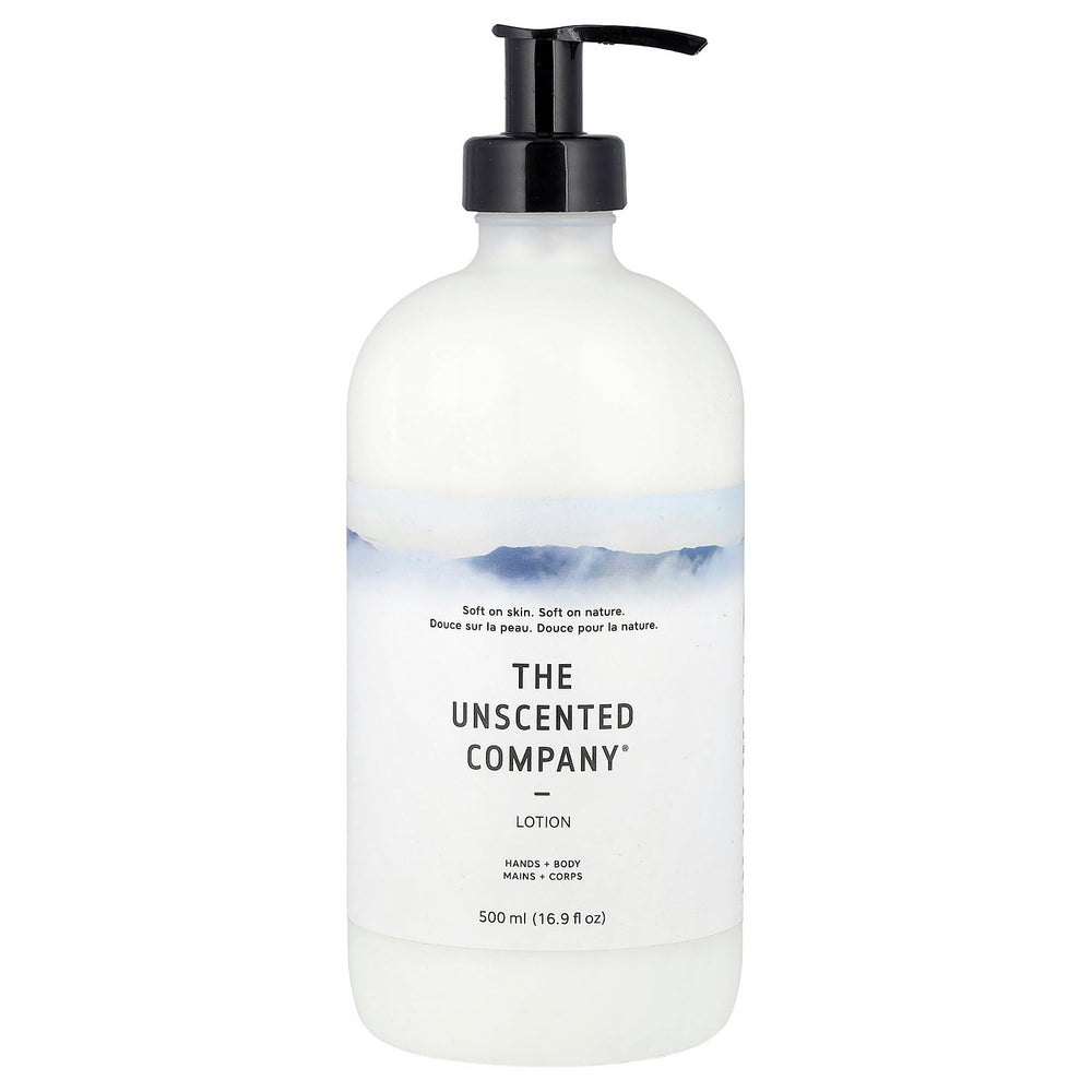 The Unscented Company lotion packaging front, fragrance-free hydration for sensitive skin.