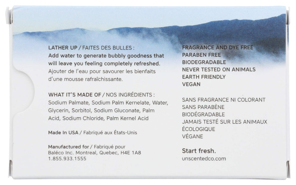 The Unscented Company savon-bar ingredients veganes, sans cruauté, routine quotidienne idéale.