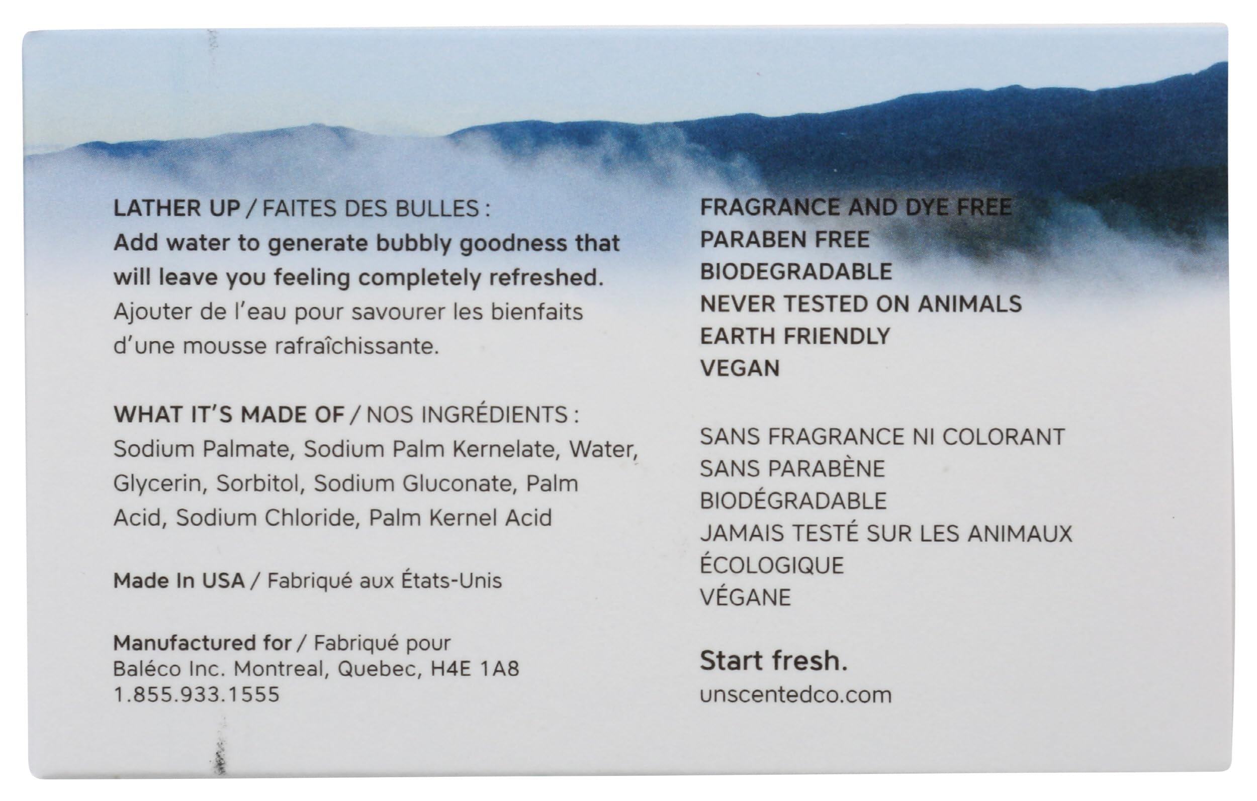 The Unscented Company savon-bar texture cremeuse, mousse douce pour la peau.