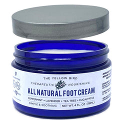 The Yellow Bird tea tree foot cream bottle pump for easy, deep moisture.