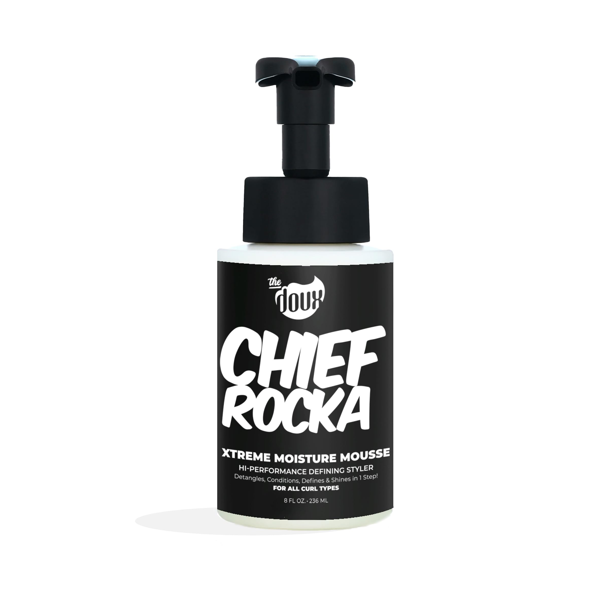 The Doux Chief Rocka Mousse bottle close-up showing deep hydration for curls.