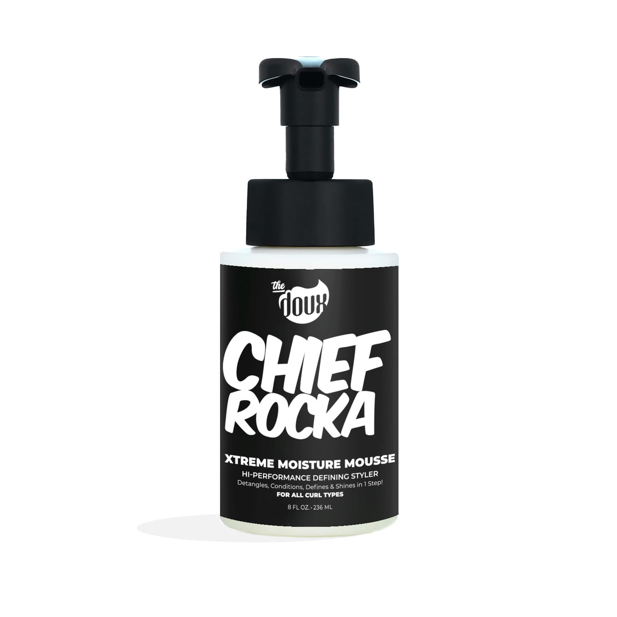 The Doux Chief Rocka Mousse bottle close-up showing deep hydration for curls.