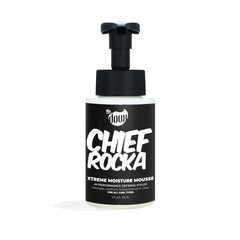 The Doux Chief Rocka Mousse bottle close-up showing deep hydration for curls.