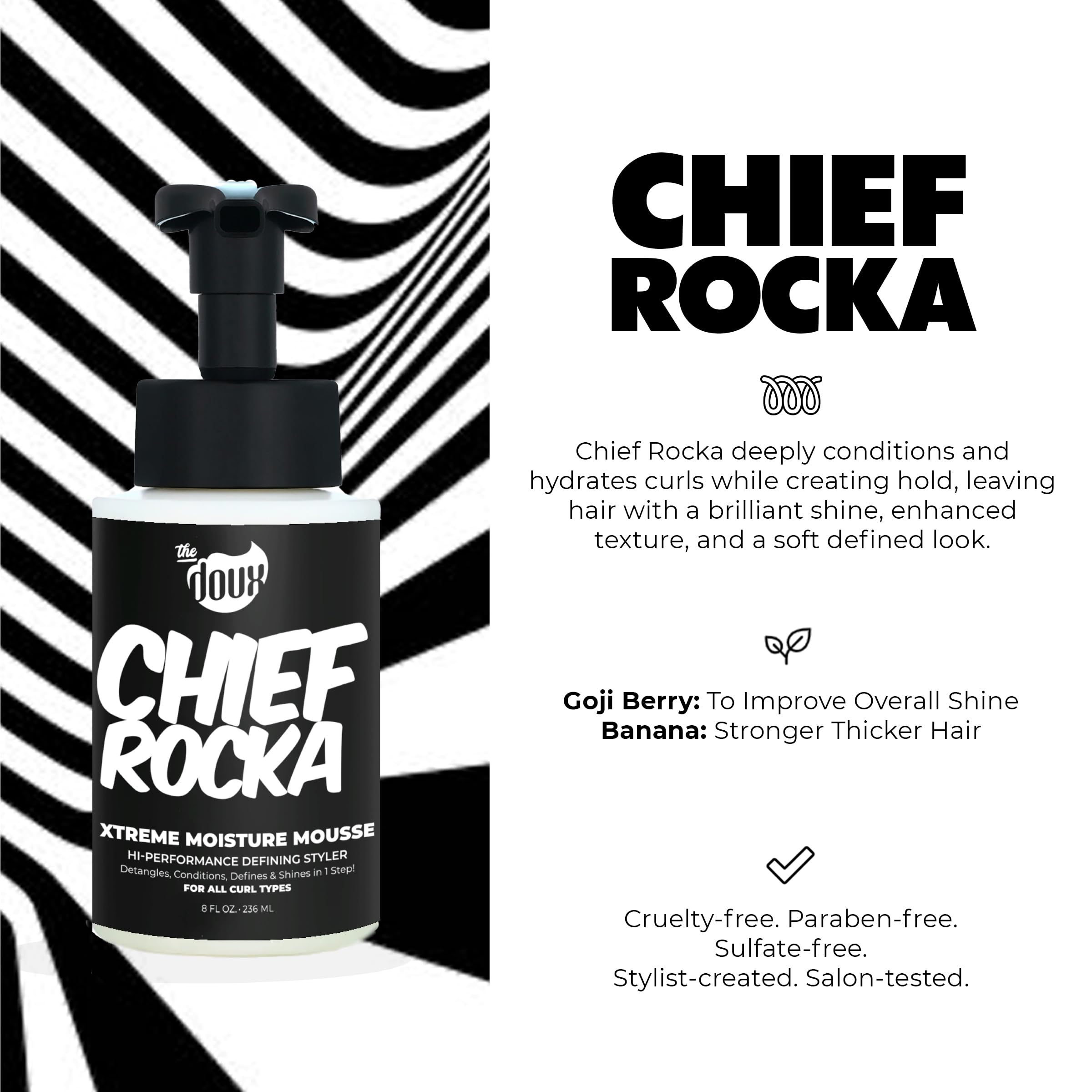 The Doux Chief Rocka Mousse showcases frizz reduction and natural shine on textured hair.