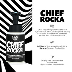 The Doux Chief Rocka Mousse showcases frizz reduction and natural shine on textured hair.
