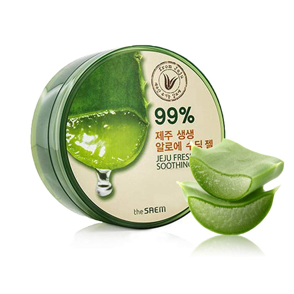 THESAEM Jeju Fresh Aloe Gel sur la bouteille, hydratation durable pour visage et corps.