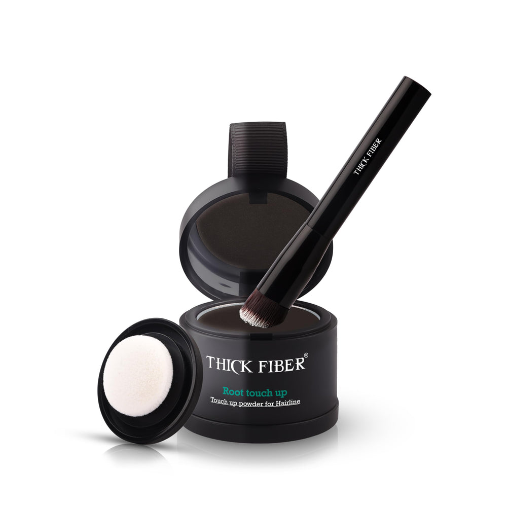 Poudre Thick Fiber pour racines brun foncé, couverture rapide et naturelle.